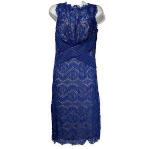 Tadashi Shoji Chantilly Lace Blue Criss Cross Pencil Sleeveless Dress Size 6